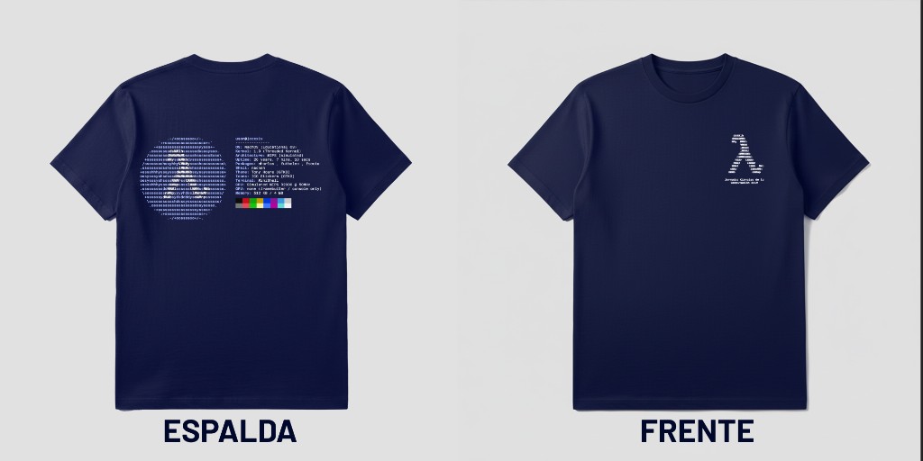 Mockup remera azul marino JCC XXIV con diseño neofetch en la espalda y lambda en el frente