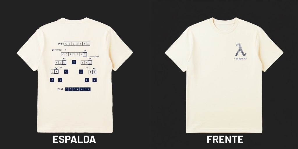 Mockup remera crema JCC XXIV con diseño Quicksort en la espalda y lambda en el frente